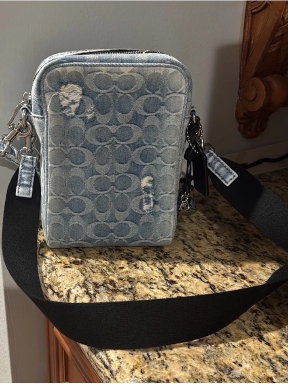 Coach Distressed Denim Signature Canvas Messenger Crossbody w/Strap & Charm